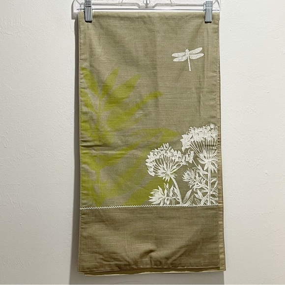 Linen Blend Beige Green Printed Embroidered Table Runner Dragonflies Flowers - Picture 2 of 7